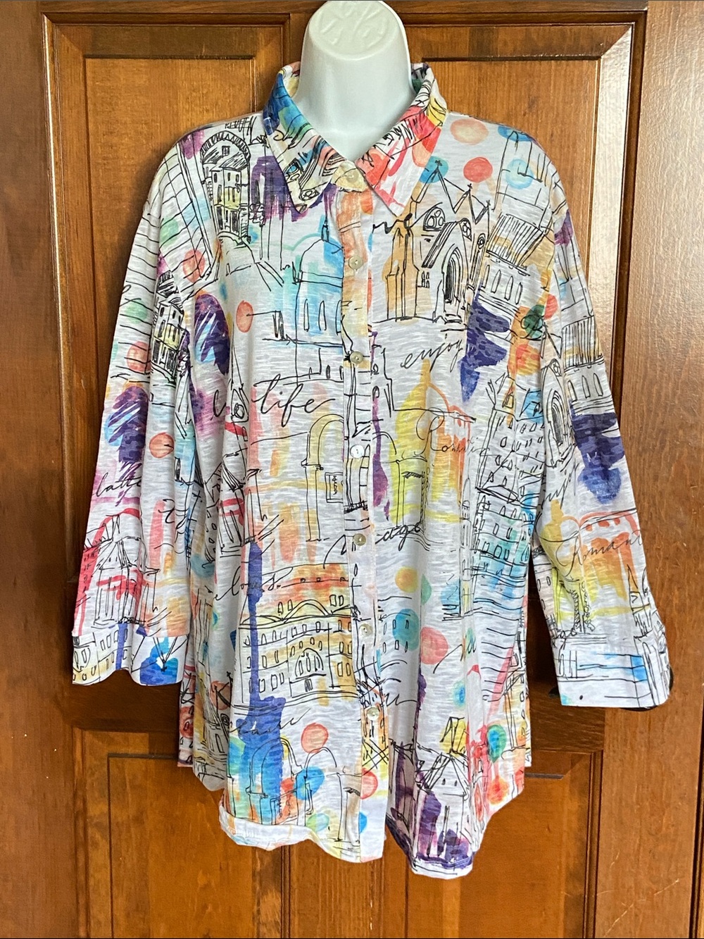 Jess & Jane "Bon Voyage" city sketch travel-themed Long sleeve Mirage Size 2X
